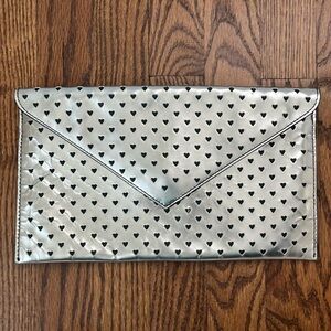 J Crew Silver Leather Clutch with Black Hearts